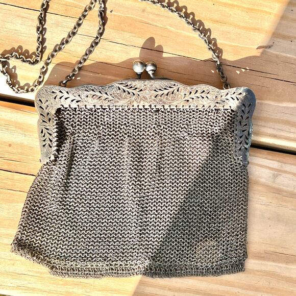 Antique German Silver Mesh Purse 6" x 5.5" with 9" Strap Drop - Picture 1 of 11